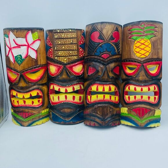 Set 4 Vintage Wooden Tiki Hut Hand Carved Polynesian Style Wall Masks Bar Decor - Picture 1 of 7